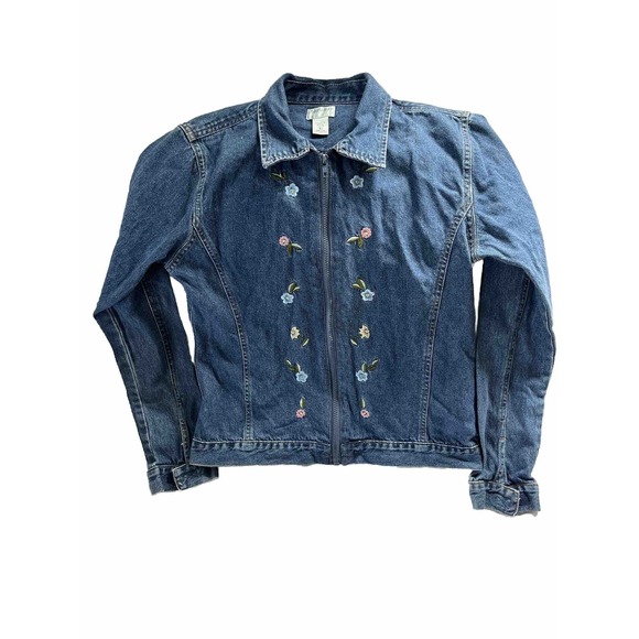 Bugle Boy Jackets & Blazers - Bugle Boy Women's Size L Jean Jacket Embroidered Flowers Zip Up Denim VTG